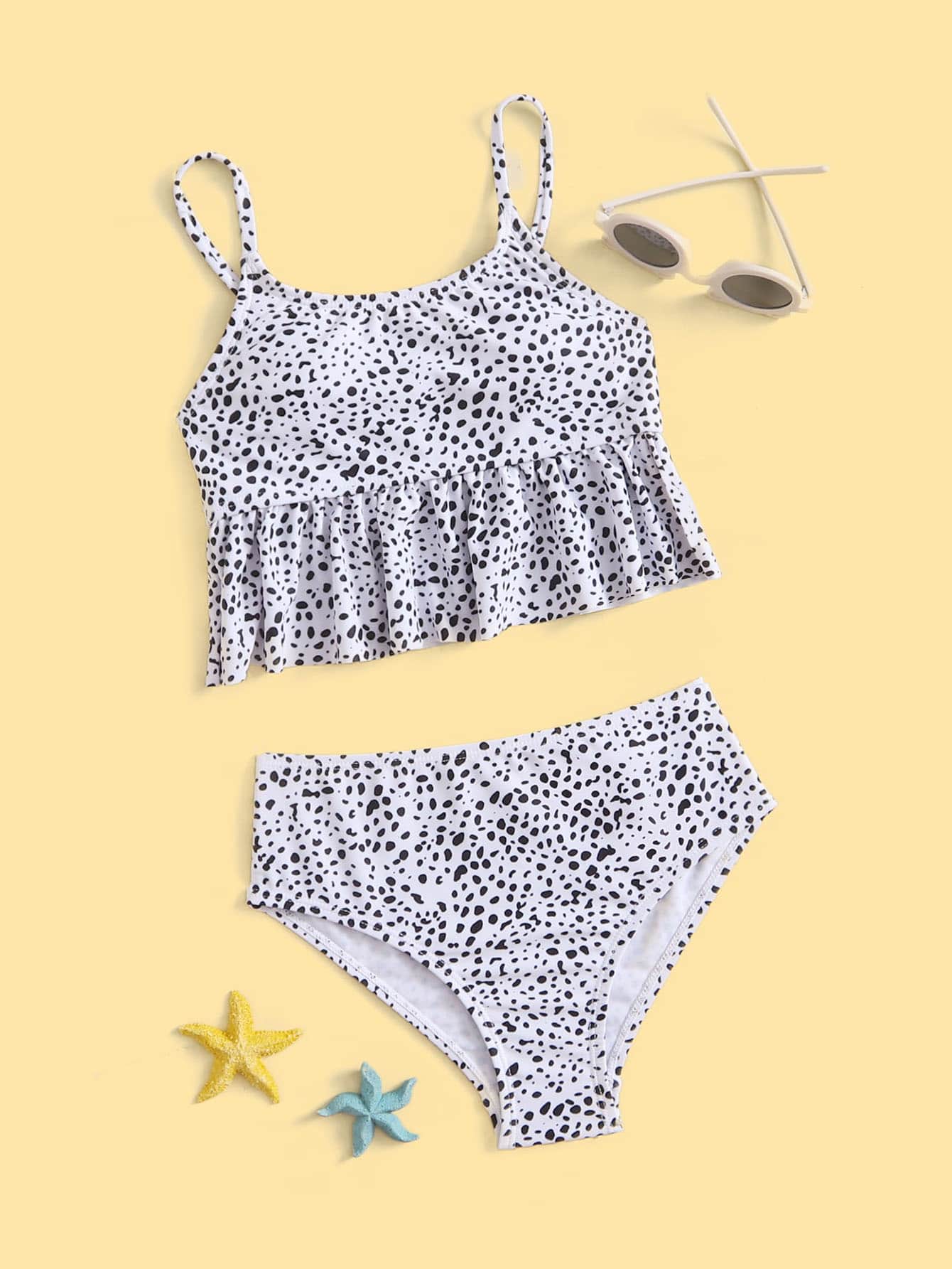 Conjunto de bikini con volantes en el dobladillo estampado dálmata para niña preadolescente, para verano y playa - Blanco y Negro - Ver 1