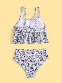 Conjunto de bikini con volantes en el dobladillo estampado dálmata para niña preadolescente, para verano y playa - Blanco y Negro - Ver 2