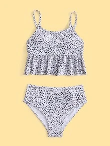 Conjunto de bikini con volantes en el dobladillo estampado dálmata para niña preadolescente, para verano y playa - Blanco y Negro - Ver 3
