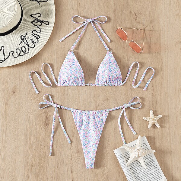 

Ditsy Floral Triangle Thong Bikini Swimsuit, Multicolor