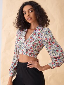 SHEIN VCAY 印花燈籠袖後綁帶短款上衣 - 彩色 - 查看 1