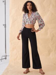 SHEIN VCAY 印花燈籠袖後綁帶短款上衣 - 彩色 - 查看 3