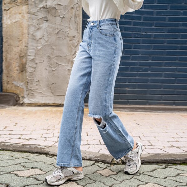 

High Waist Ripped Jeans, Light wash