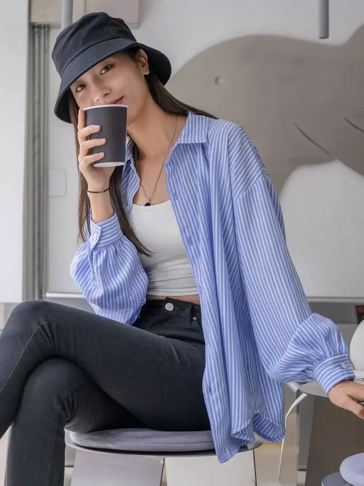 DAZY Striped Drop Shoulder Shirt,Long Sleeve Tops,Fall Clothes