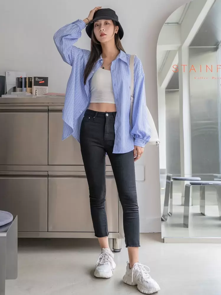 DAZY Striped Drop Shoulder Shirt,Long Sleeve Tops,Fall Clothes