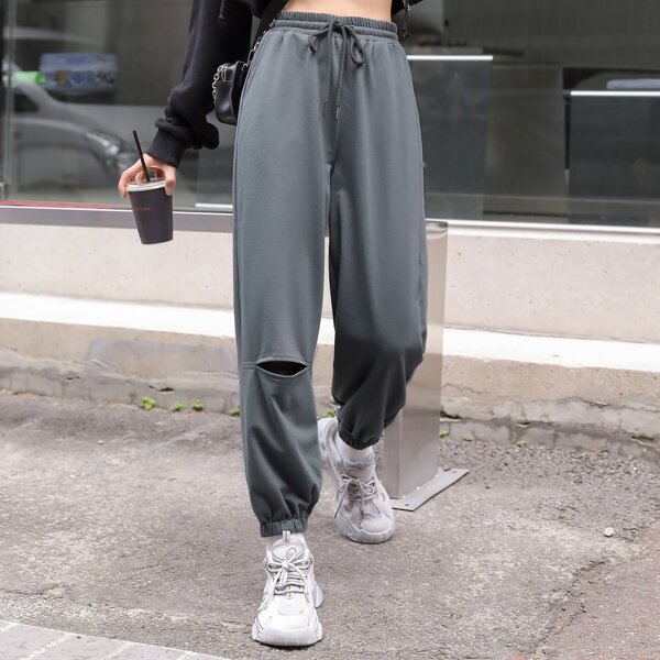 

Drawstring Waist Ripped Sweatpants, Dark grey