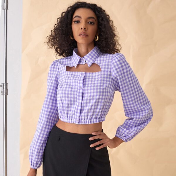 

Gingham Print Cut Out Crop Blouse, Lilac purple