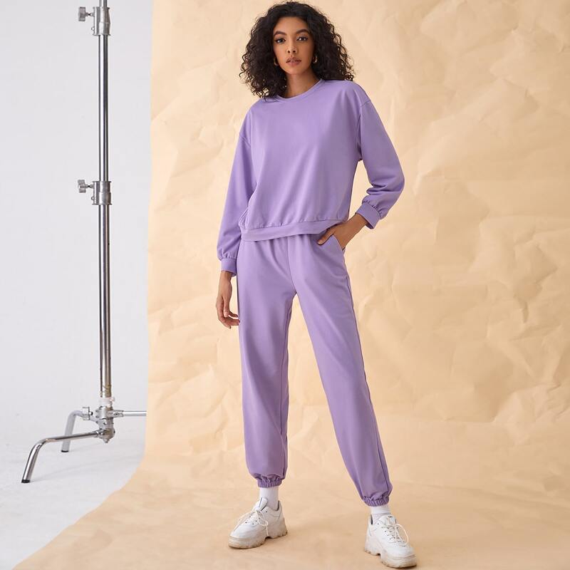 

Solid Drop Shoulder Sweatshirt & Sweatpants, Lilac purple