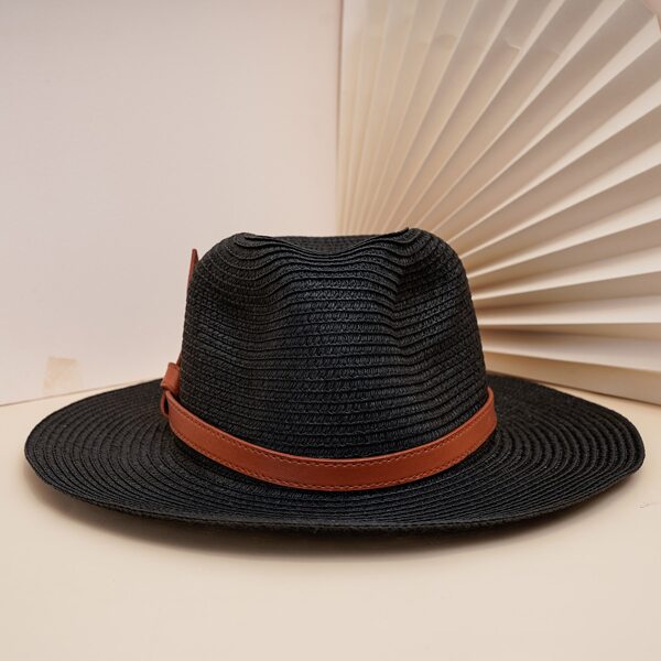 

PU Leather Decor Straw Hat, Black