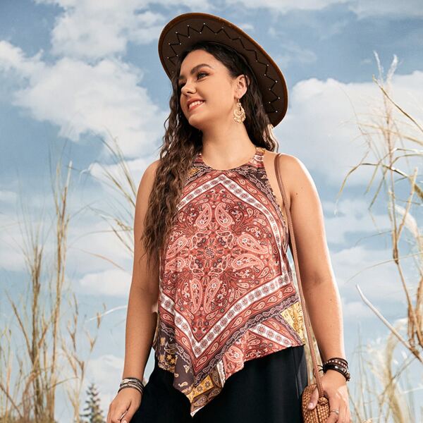 

Plus Paisley Scarf Print Hanky Hem Tie Back Halter Top, Multicolor
