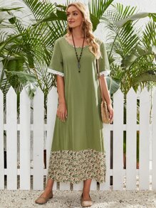 Ditsy Floral Spliced Smock Dress - Olive Green - View 1