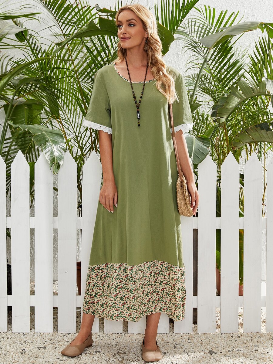 Ditsy Floral Spliced Smock Dress - Olive Green - View 1