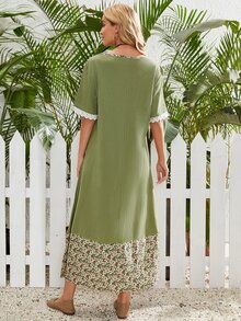 Ditsy Floral Spliced Smock Dress - Olive Green - View 2