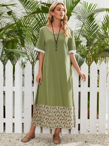 Ditsy Floral Spliced Smock Dress - Olive Green - View 3