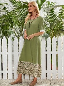 Ditsy Floral Spliced Smock Dress - Olive Green - View 4