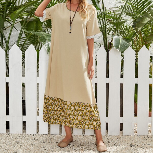 

Contrast Floral Ruffle Hem Smock Dress, Khaki
