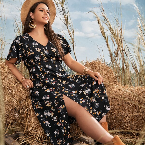 

Plus Floral Print Flutter Sleeve Split Thigh Dress, Multicolor
