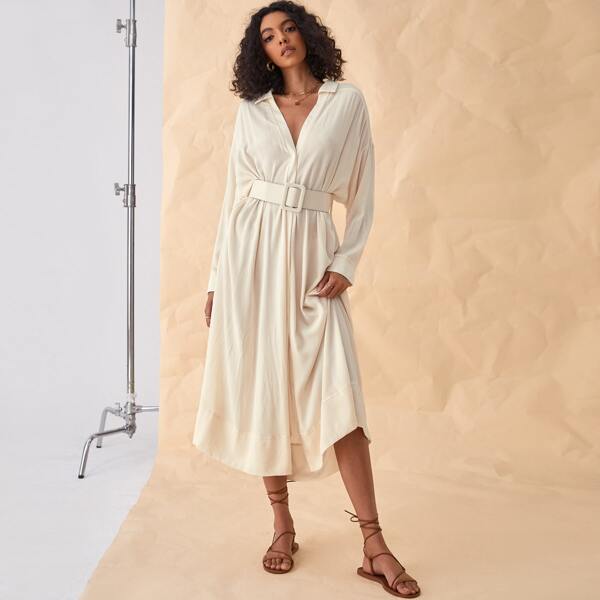 

Solid Hidden-button Front Belted Shirt Dress, Apricot