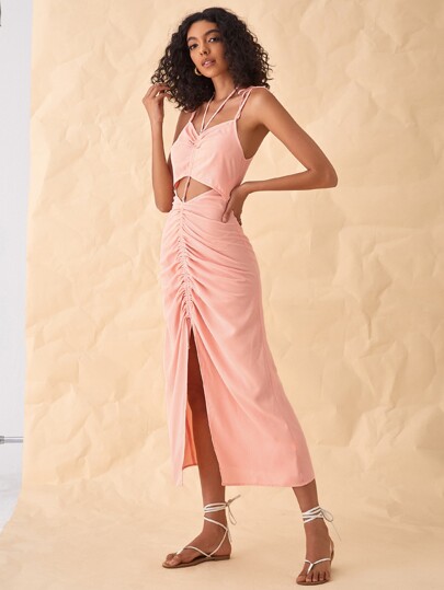 فستان الخرزة مثقوب الثنية ممزق الصاف بوهو