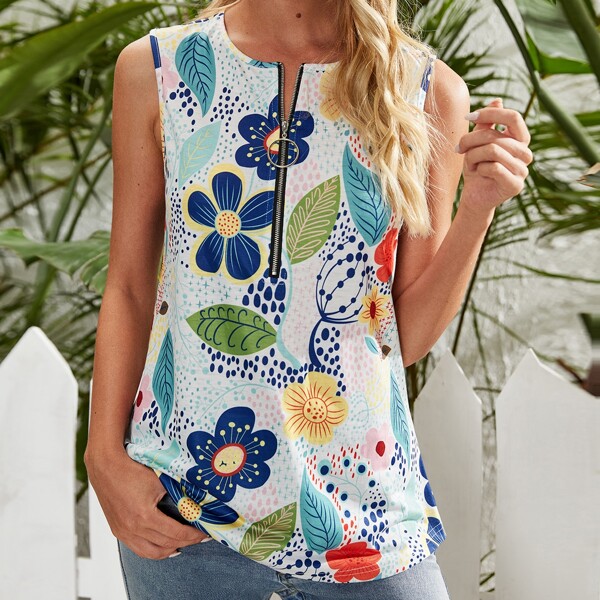 

Floral Print Zip Detail Tank Top, Multicolor