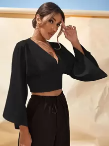 SHEIN VCAY Áo sơ mi Nút màu trơn Thanh lịch - màu đen - Xem 1