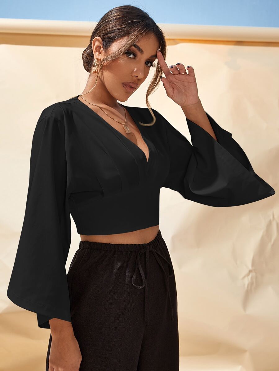 SHEIN VCAY Áo sơ mi Nút màu trơn Thanh lịch - màu đen - Xem 1