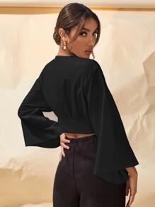 SHEIN VCAY Áo sơ mi Nút màu trơn Thanh lịch - màu đen - Xem 2