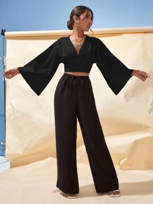 SHEIN VCAY Áo sơ mi Nút màu trơn Thanh lịch - màu đen - Xem 4