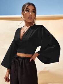 SHEIN VCAY Áo sơ mi Nút màu trơn Thanh lịch - màu đen - Xem 5