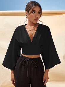 SHEIN VCAY Áo sơ mi Nút màu trơn Thanh lịch - màu đen - Xem 6