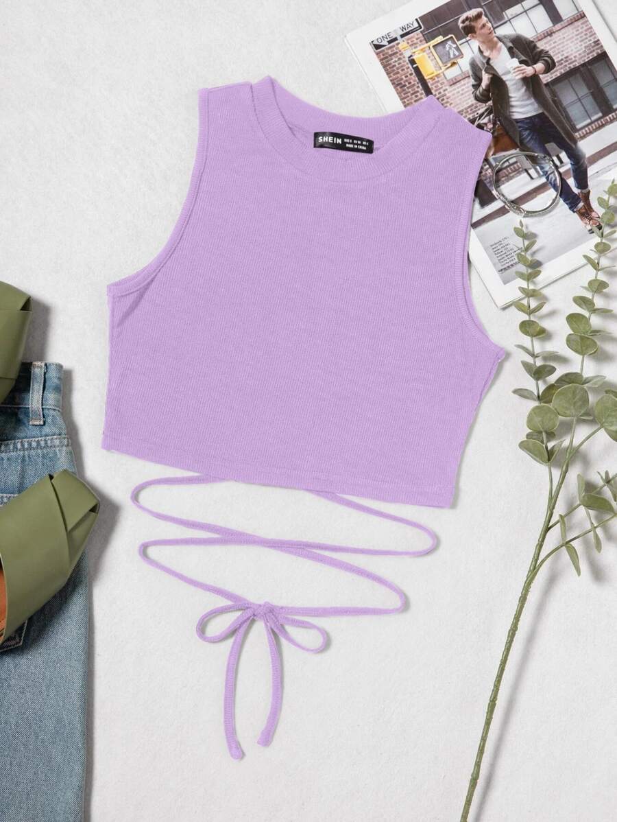 SHEIN Holidaya Lace Up Waist Tank Top - Lilac Purple - View 1