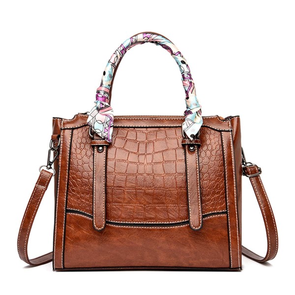 

Vintage Scarf Decor Croc Embossed Tote Bag, Brown