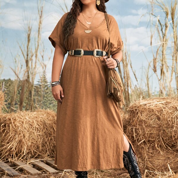 

Plus Rolled Sleeve Tunic Dress Without Belt, Brown