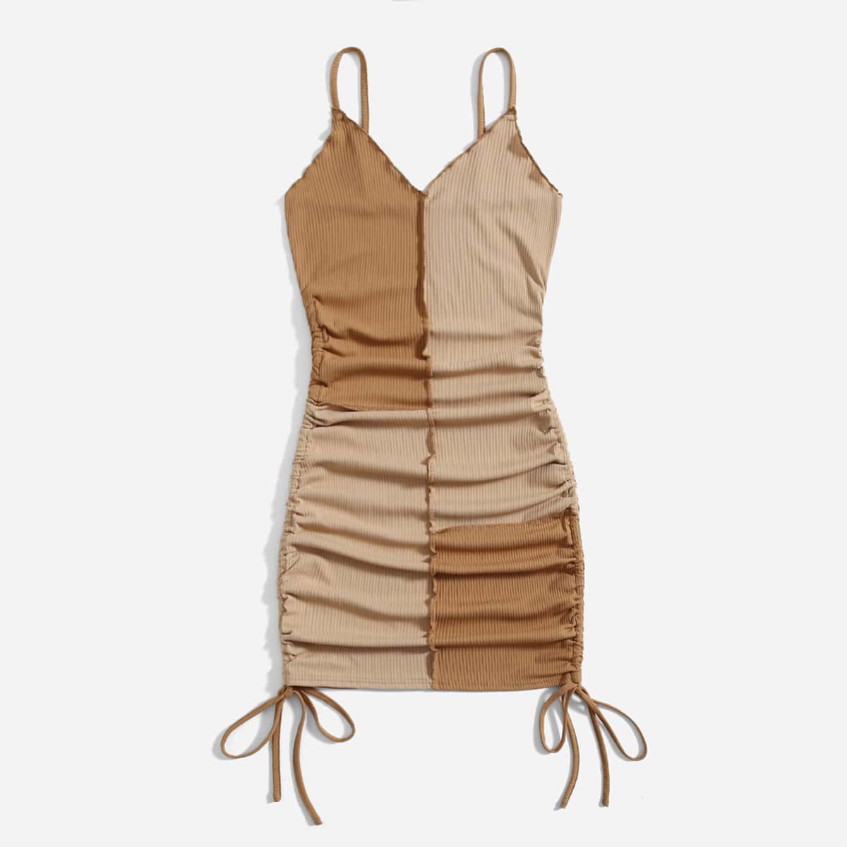 

Stitching Trim Colorblock Drawstring Ruched Bodycon Dress, Multicolor
