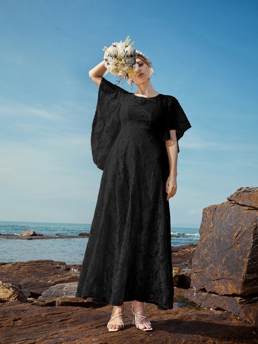 Butterfly Sleeve Lace A-line Dress - Black - View 1