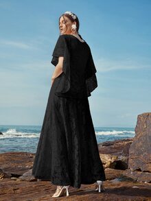 Butterfly Sleeve Lace A-line Dress - Black - View 2