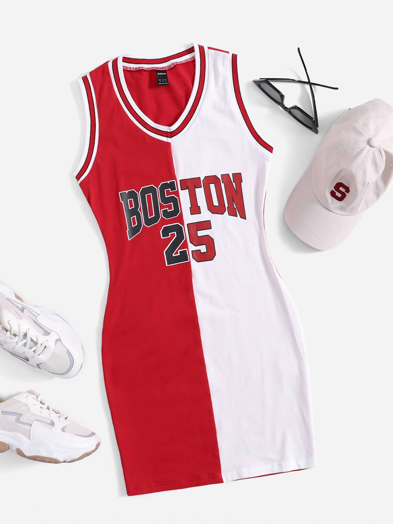 SHEIN Coolane Plus Letter Graphic Two Tone Tank Dress - Red and White - View 1