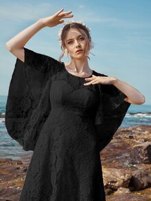 Butterfly Sleeve Lace A-line Dress - Black - View 3