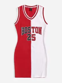 SHEIN Coolane Plus Letter Graphic Two Tone Tank Dress - Red and White - View 3