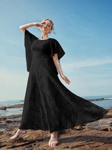 Butterfly Sleeve Lace A-line Dress - Black - View 5