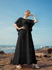 Butterfly Sleeve Lace A-line Dress - Black - View 6
