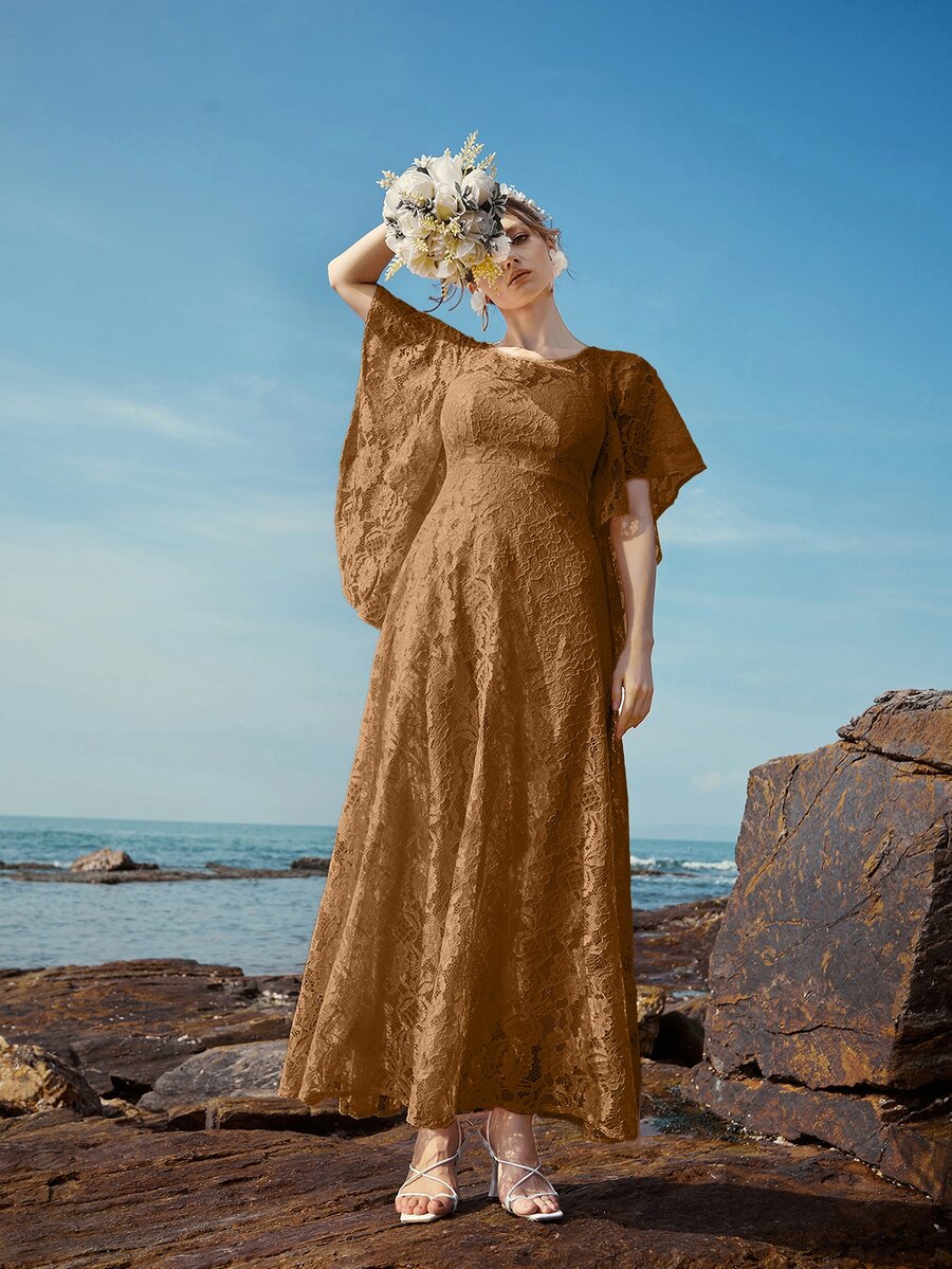Butterfly Sleeve Lace A-line Bridesmaid Dress - Brown - View 1