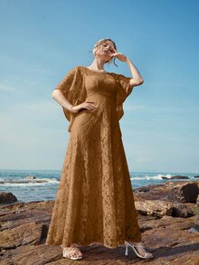 Butterfly Sleeve Lace A-line Bridesmaid Dress - Brown - View 3