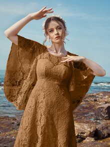 Butterfly Sleeve Lace A-line Bridesmaid Dress - Brown - View 4