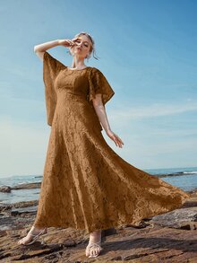 Butterfly Sleeve Lace A-line Bridesmaid Dress - Brown - View 5