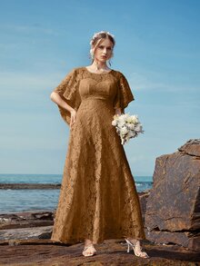 Butterfly Sleeve Lace A-line Bridesmaid Dress - Brown - View 6