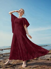 Butterfly Sleeve Lace A-line Dress - Burgundy - View 1