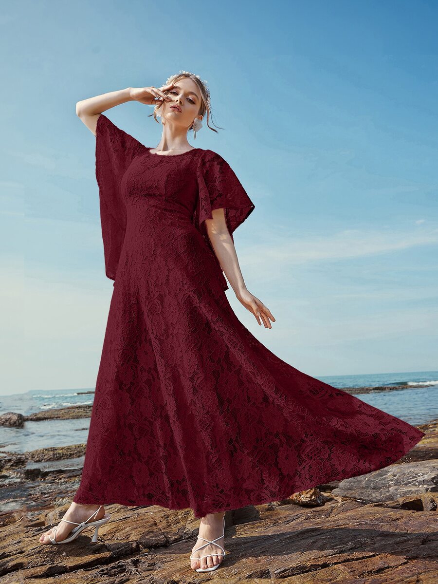 Butterfly Sleeve Lace A-line Dress - Burgundy - View 1