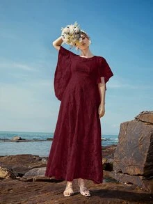 Butterfly Sleeve Lace A-line Dress - Burgundy - View 3
