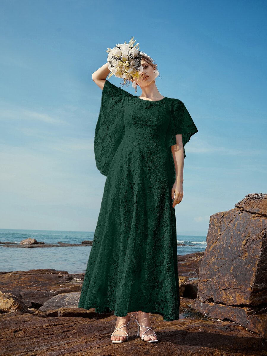Butterfly Sleeve Lace A-line Dress - Dark Green - View 1